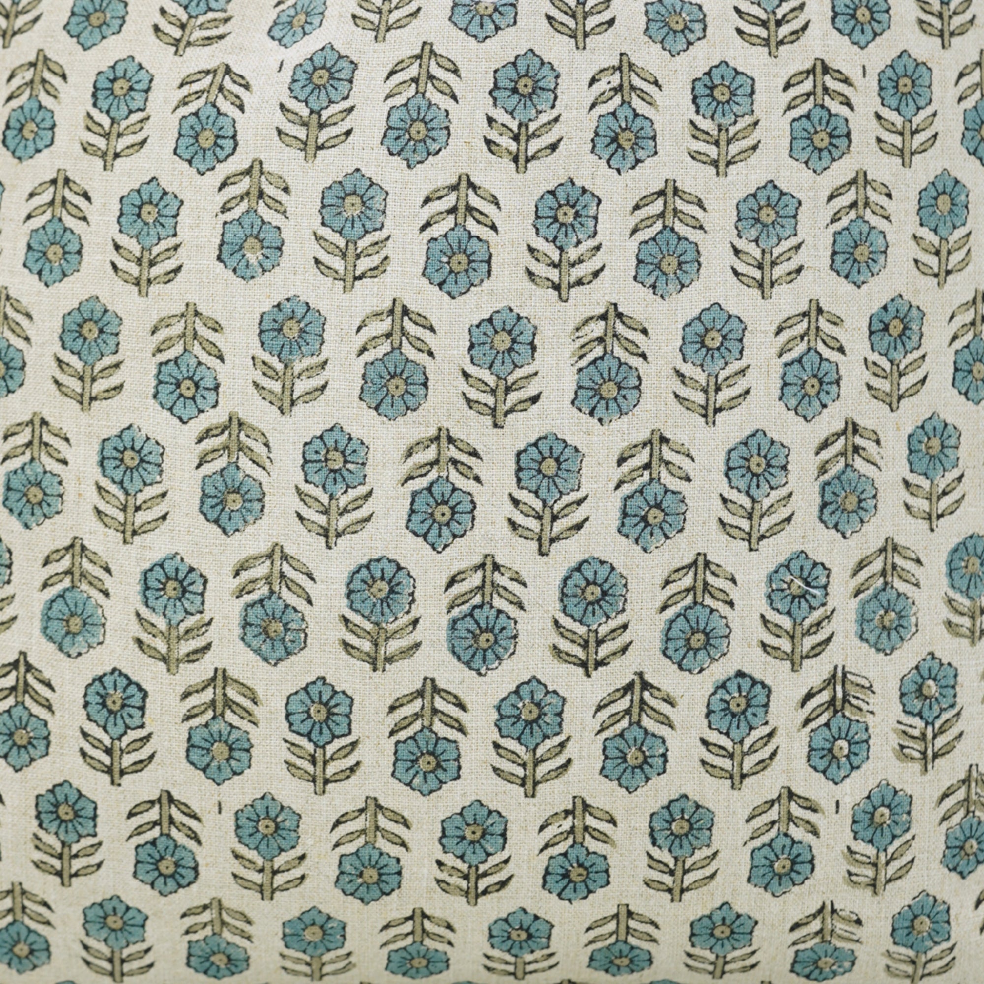 Handmade Light Blue Floral Boho Cushion Case in Pure Linen – Tulsi Buti Design for Indoor Decor