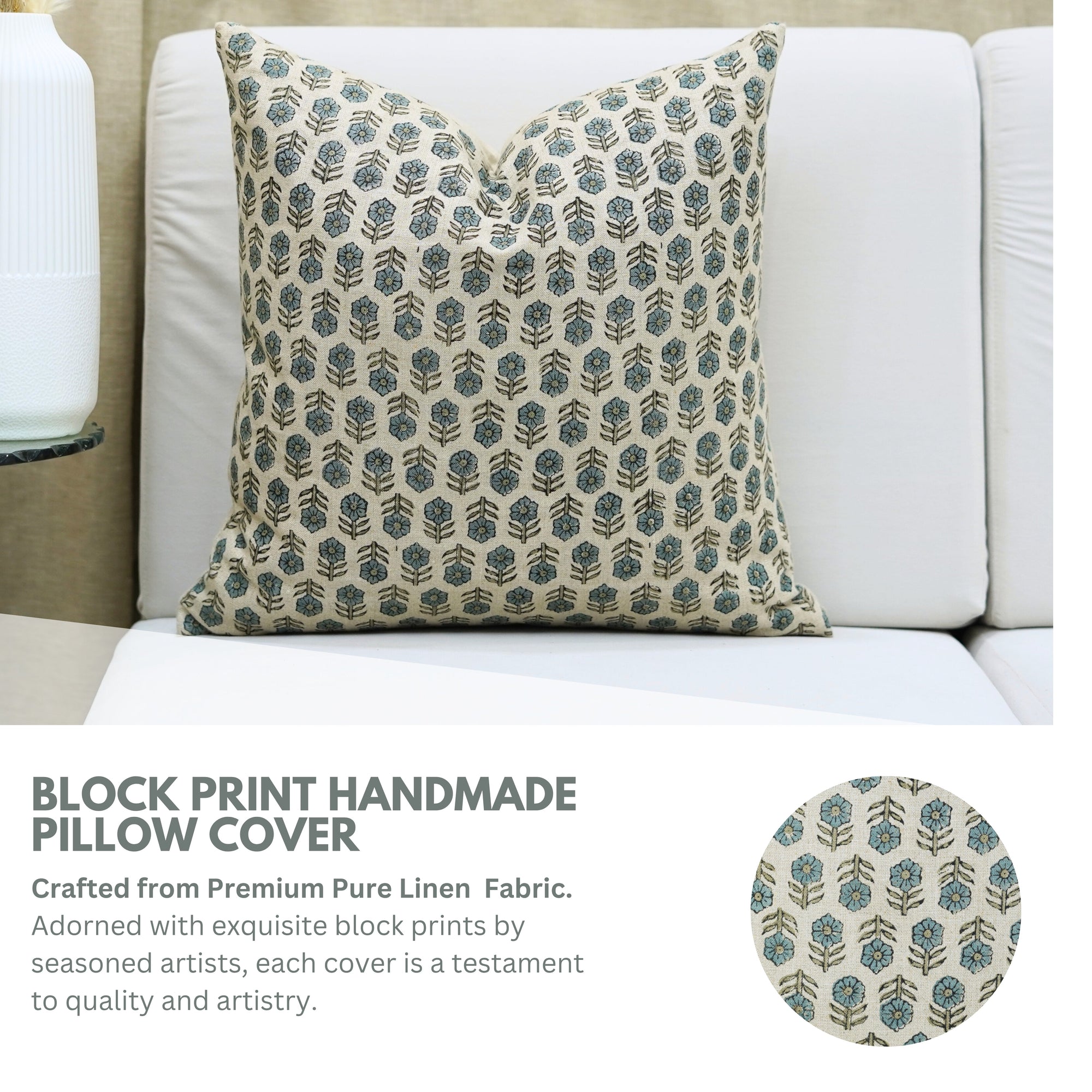Handmade Light Blue Floral Boho Cushion Case in Pure Linen – Tulsi Buti Design for Indoor Decor