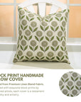 Floral Print Linen Blend Hand Block Green Cushion Cover - Ganda Pushp By Fabdivine