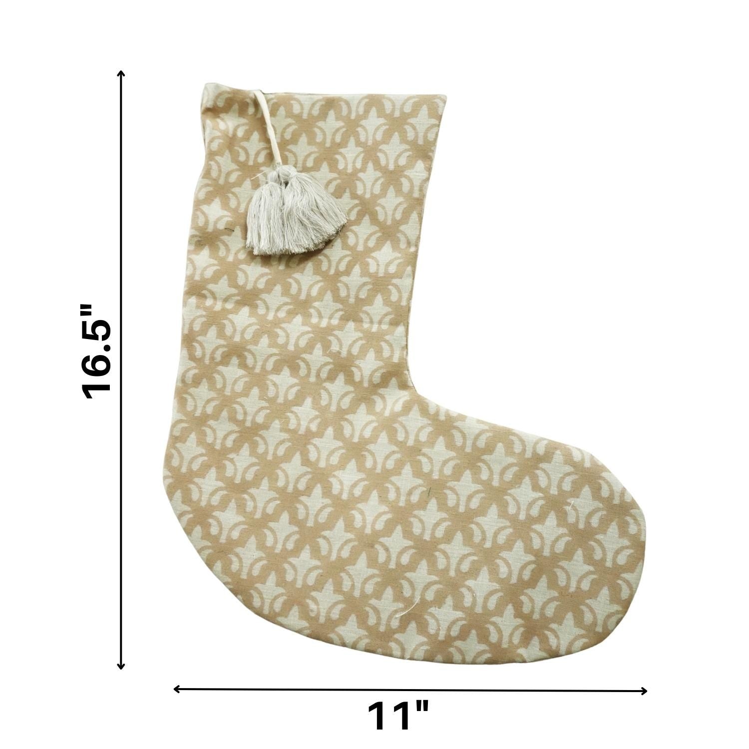Patterned Christmas stocking with dimensions on white background.