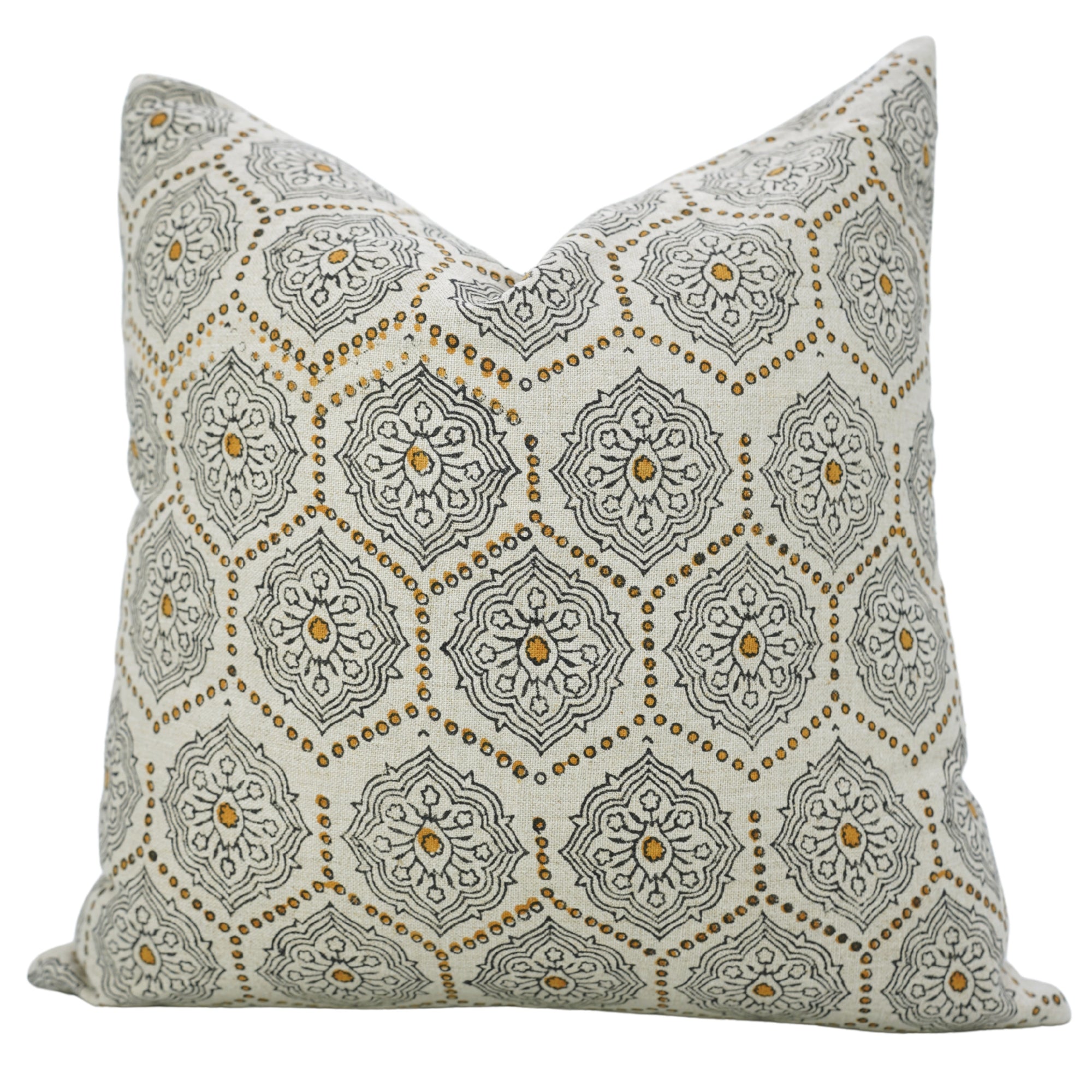 Block Printed Mustard and Gray Floral Boho Throw Cushion Cover in Pure Linen – Charkha Design for Sofa
