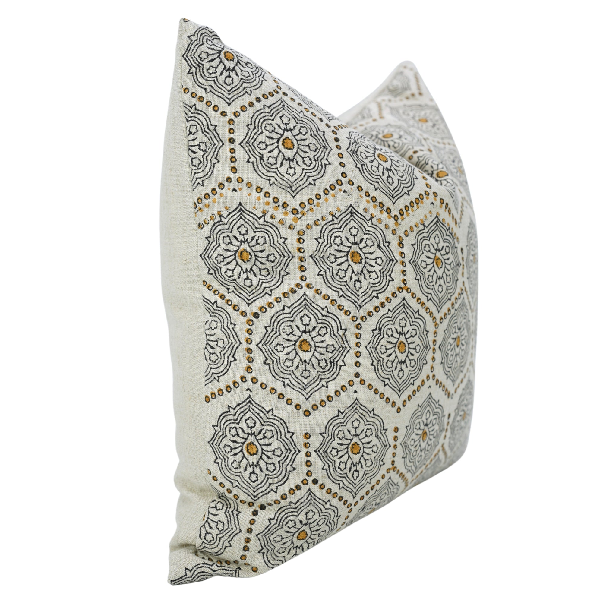 Block Printed Mustard and Gray Floral Boho Throw Cushion Cover in Pure Linen – Charkha Design for Sofa