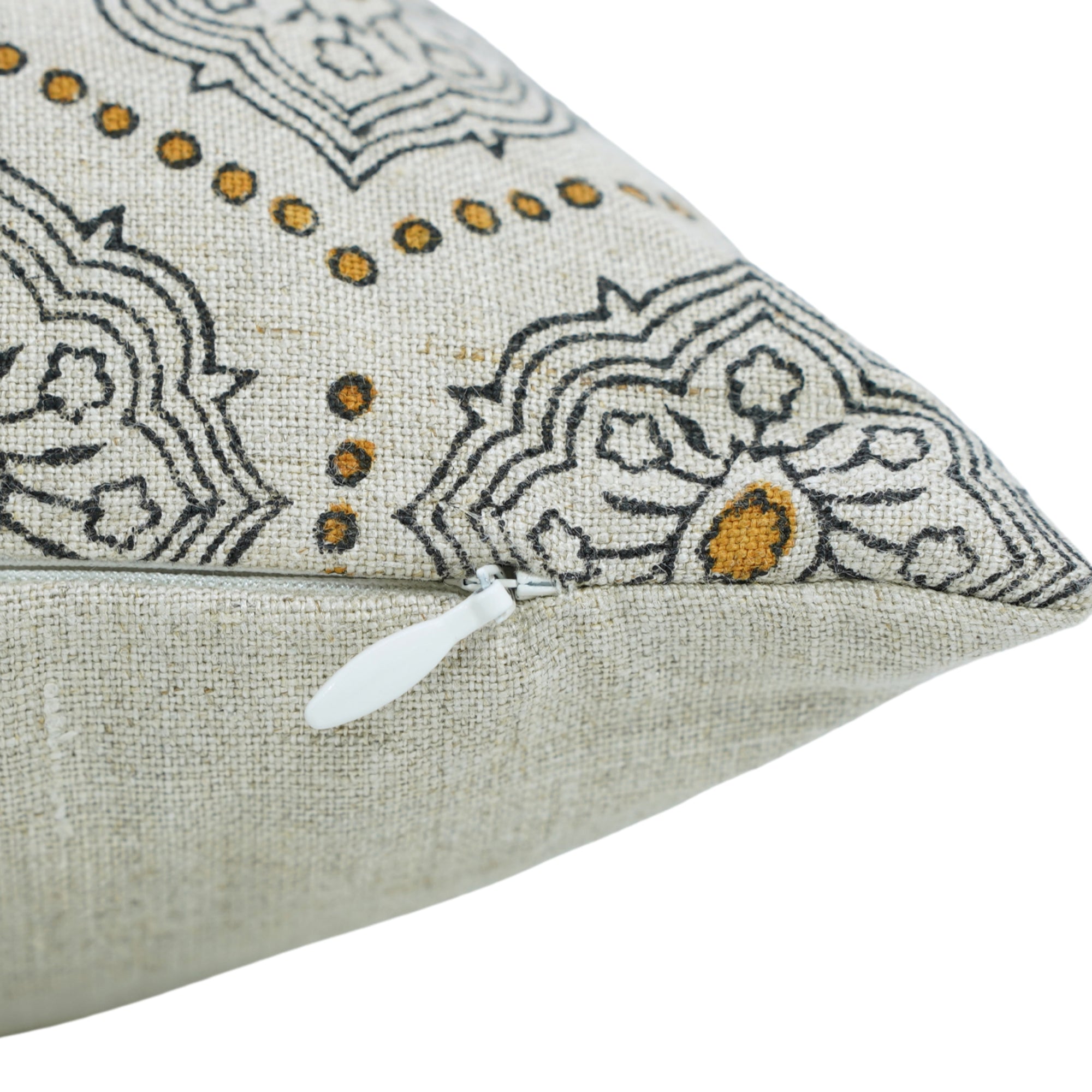 Block Printed Mustard and Gray Floral Boho Throw Cushion Cover in Pure Linen – Charkha Design for Sofa