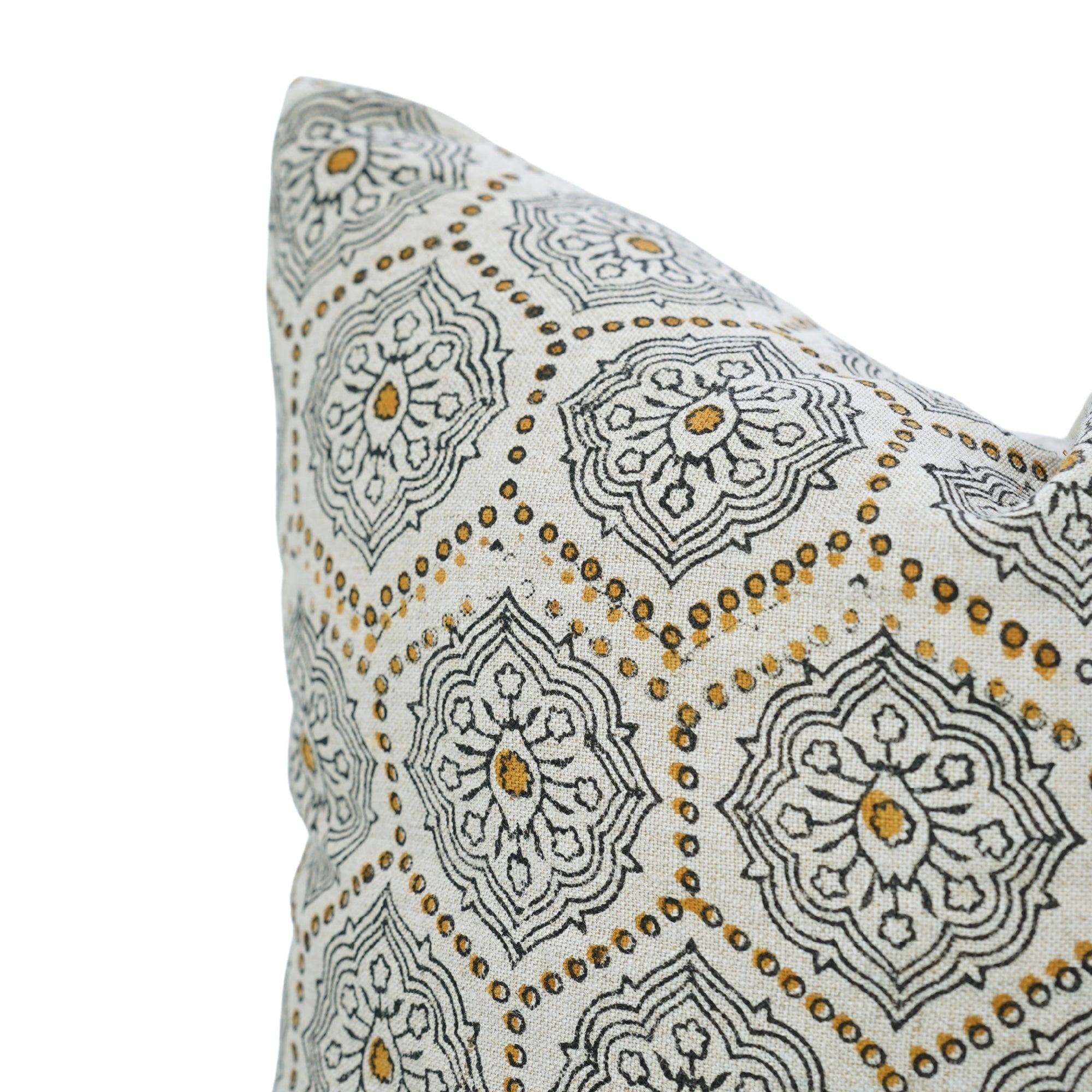 Block Printed Mustard and Gray Floral Boho Throw Cushion Cover in Pure Linen – Charkha Design for Sofa