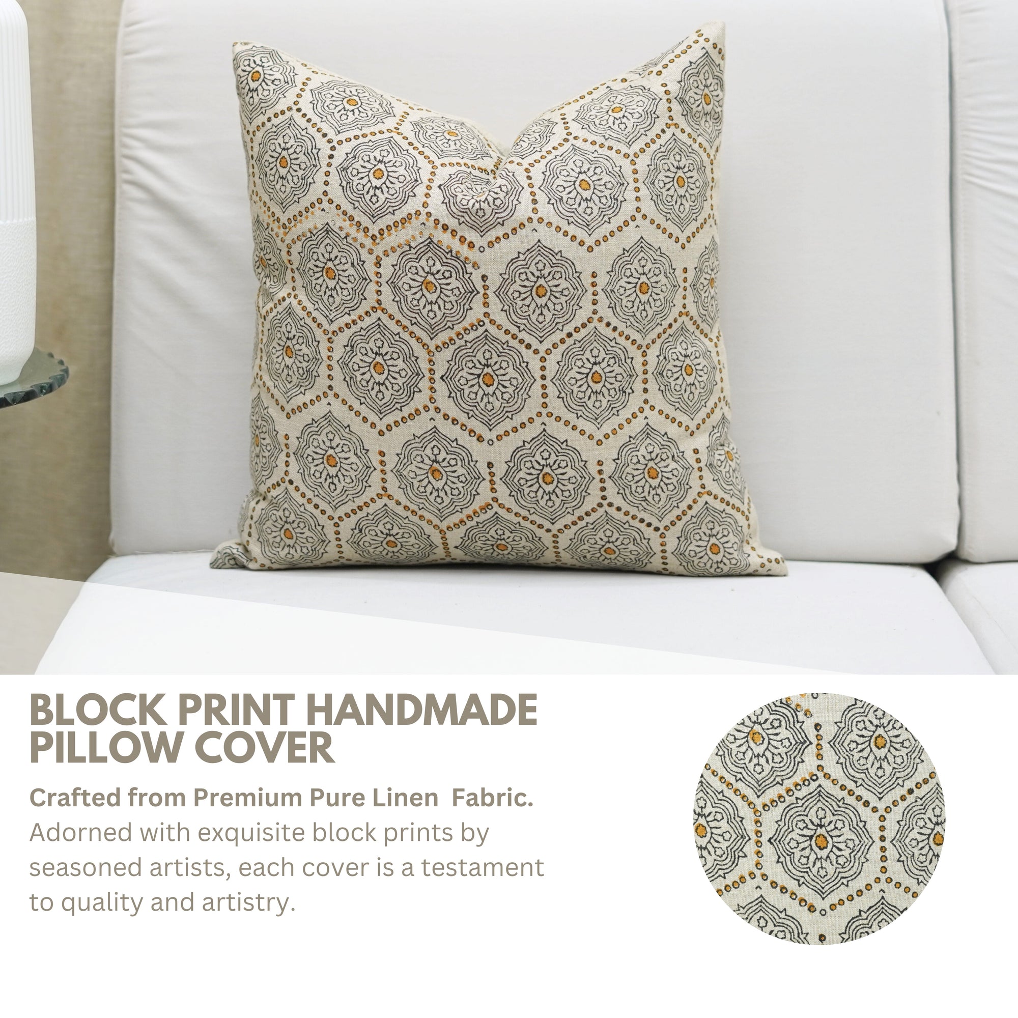 Block Printed Mustard and Gray Floral Boho Throw Cushion Cover in Pure Linen – Charkha Design for Sofa