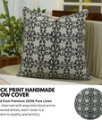 Handcrafted Block Printed Floral 100% Pure Linen in Black & Gray Pillow Cover - Chudamani