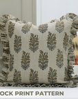 Traditional Handmade Block Printed Thick Linen Frill Green Floral Cushion Protector/Cover - Hajara