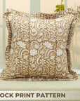 Indian Handmade Throw Brown Floral Designer Block Printed Thick Cotton White Frill Pillow Cover - Kundanvan