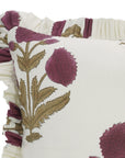 Handmade Block Wine and Green Floral Printed on Thick Cotton White Frill Pillow Cover - Badshah