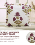 Handmade Block Wine and Green Floral Printed on Thick Cotton White Frill Pillow Cover - Badshah