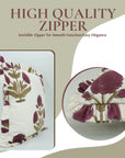 Handmade Block Wine and Green Floral Printed on Thick Cotton White Frill Pillow Cover - Badshah