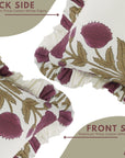 Handmade Block Wine and Green Floral Printed on Thick Cotton White Frill Pillow Cover - Badshah