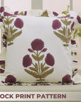 Handmade Block Wine and Green Floral Printed on Thick Cotton White Frill Pillow Cover - Badshah