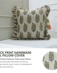 Traditional Handmade Block Printed Thick Linen Frill Green Floral Cushion Protector/Cover - Hajara