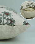 Hand-stamped Art Blueish and Brown Floral Block Printed Viscose Linen Pillow Cover For Sofa - Sadabahar