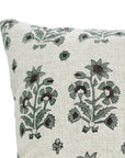 Hand-stamped Art Blueish and Brown Floral Block Printed Viscose Linen Pillow Cover For Sofa - Sadabahar