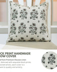 Hand-stamped Art Blueish and Brown Floral Block Printed Viscose Linen Pillow Cover For Sofa - Sadabahar