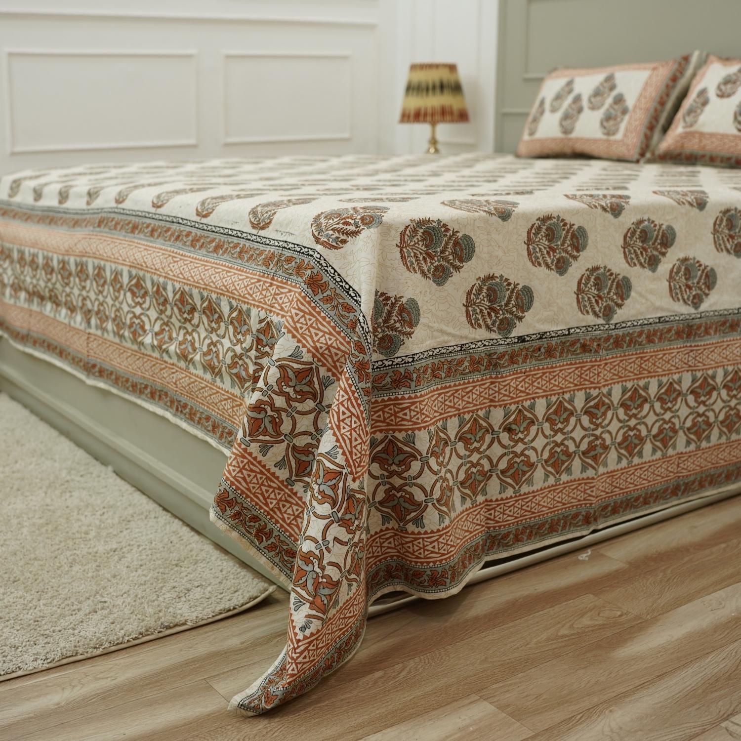 Hand block printed bedding, Indian block print bedsheets, Floral print cotton bedsheet, Natural dyed bedding, Block print pillow cover, Indian handloom bedsheets, Cotton throw for bed.