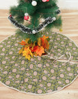 Indian Handcrafted Block Print Pure Linen Meraki Green, Red & Gray Mini Floral Boho Christmas Tree Skirts