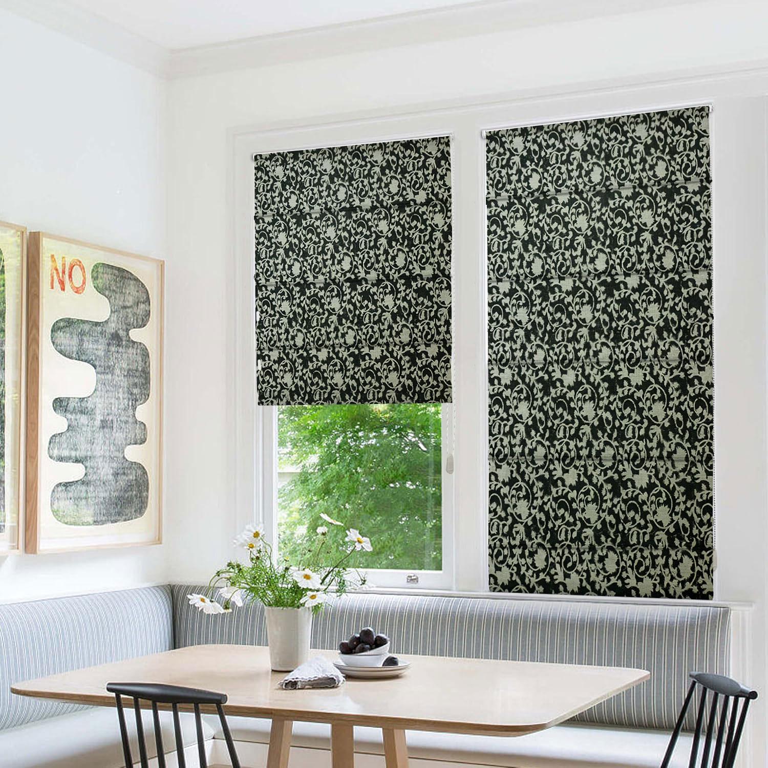 Handcrafted Black Floral Block Printed Roman Shade Heavy Linen Blackout Window Curtain - Devdas
