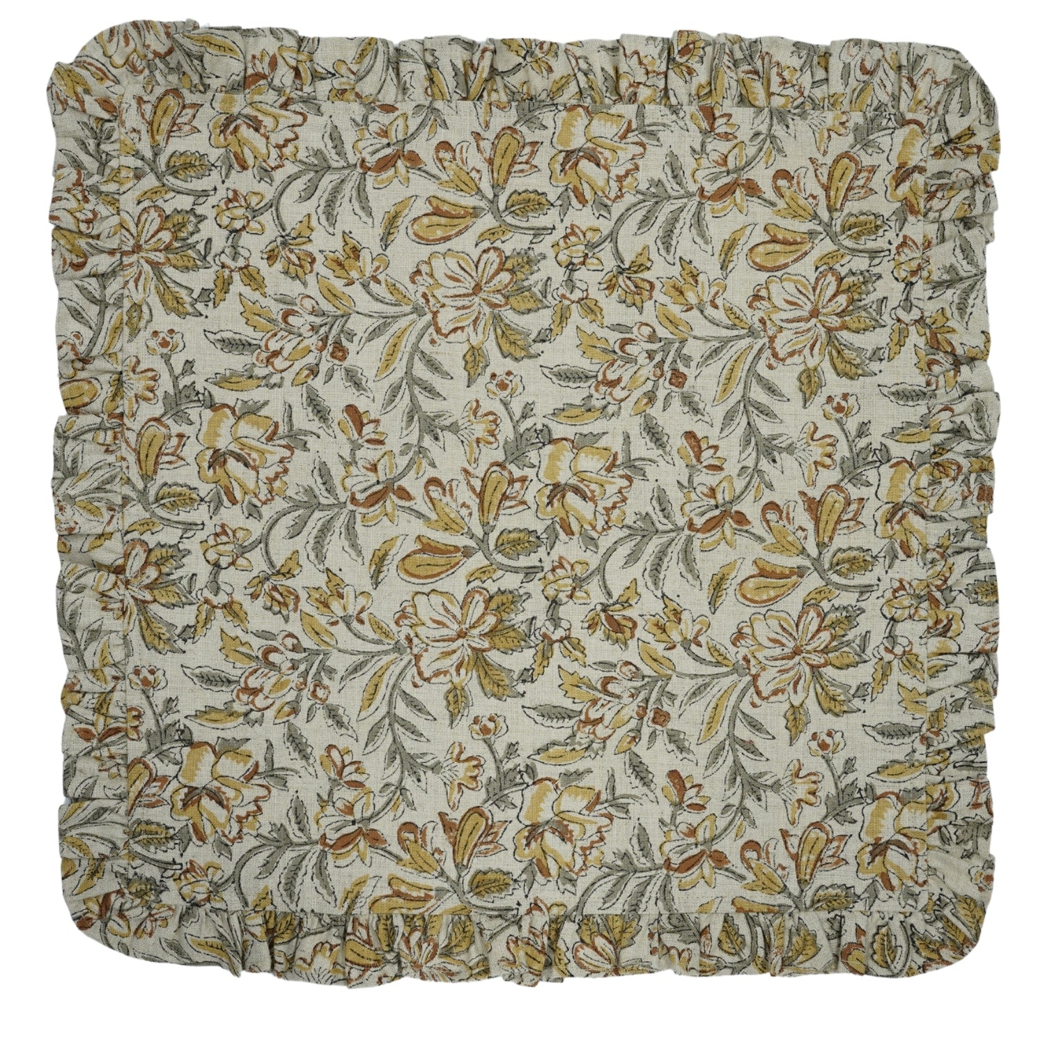 Hand Block Printed Pure Linen Frill Table Napery - Kudarat Green