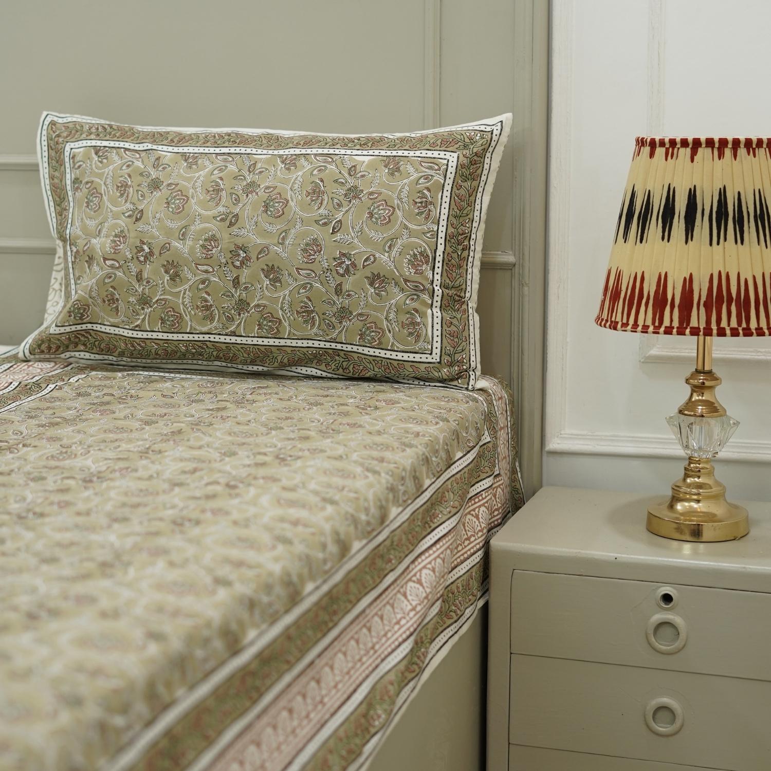 Bed with patterned Hand block printed bedding, Indian block print bedsheets, Floral print cotton bedsheet