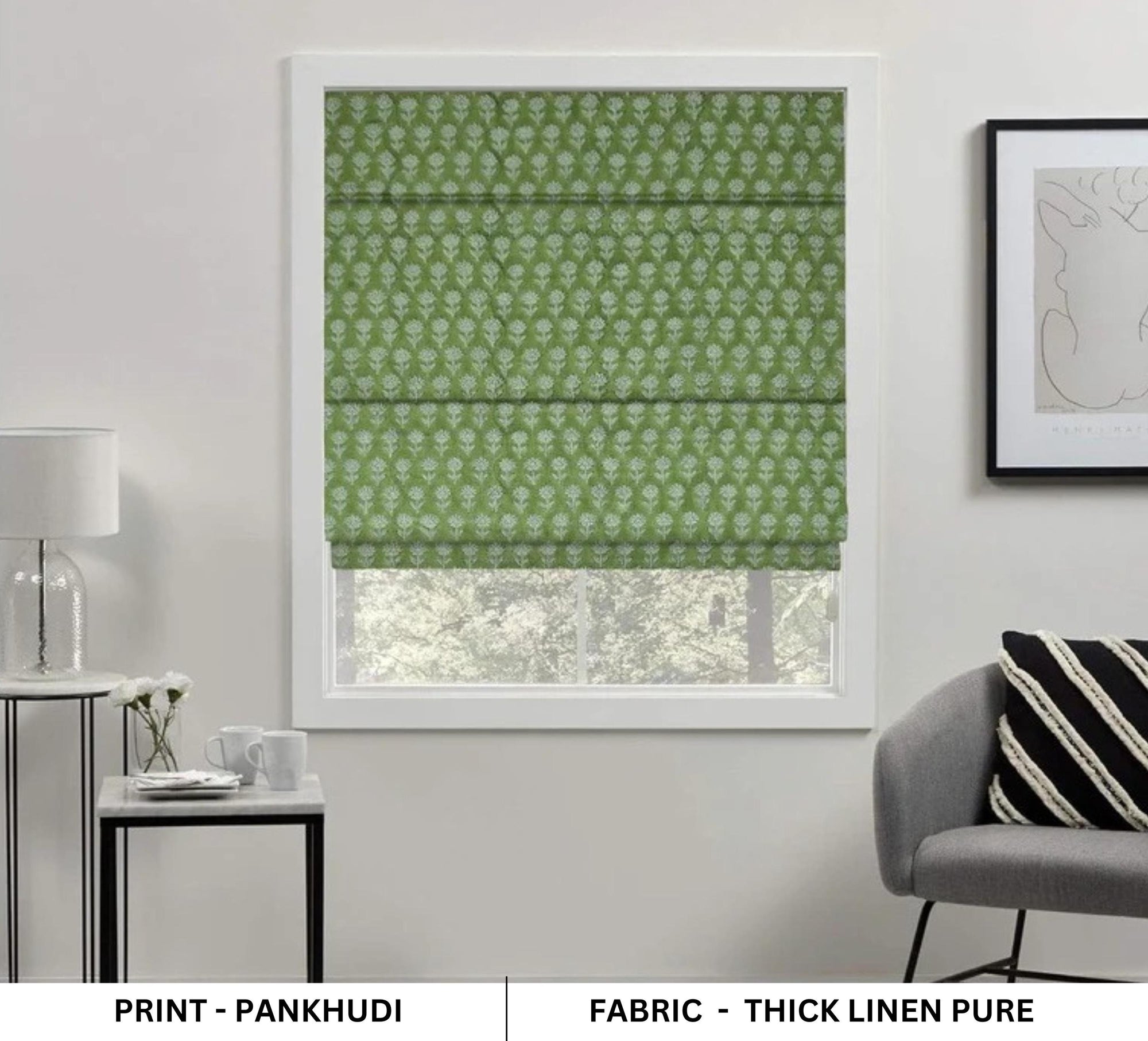Block Printed Leaf Green Floral Roman Shades on Thick Linen Handmade Custom Window Treatment – PANKHUDI