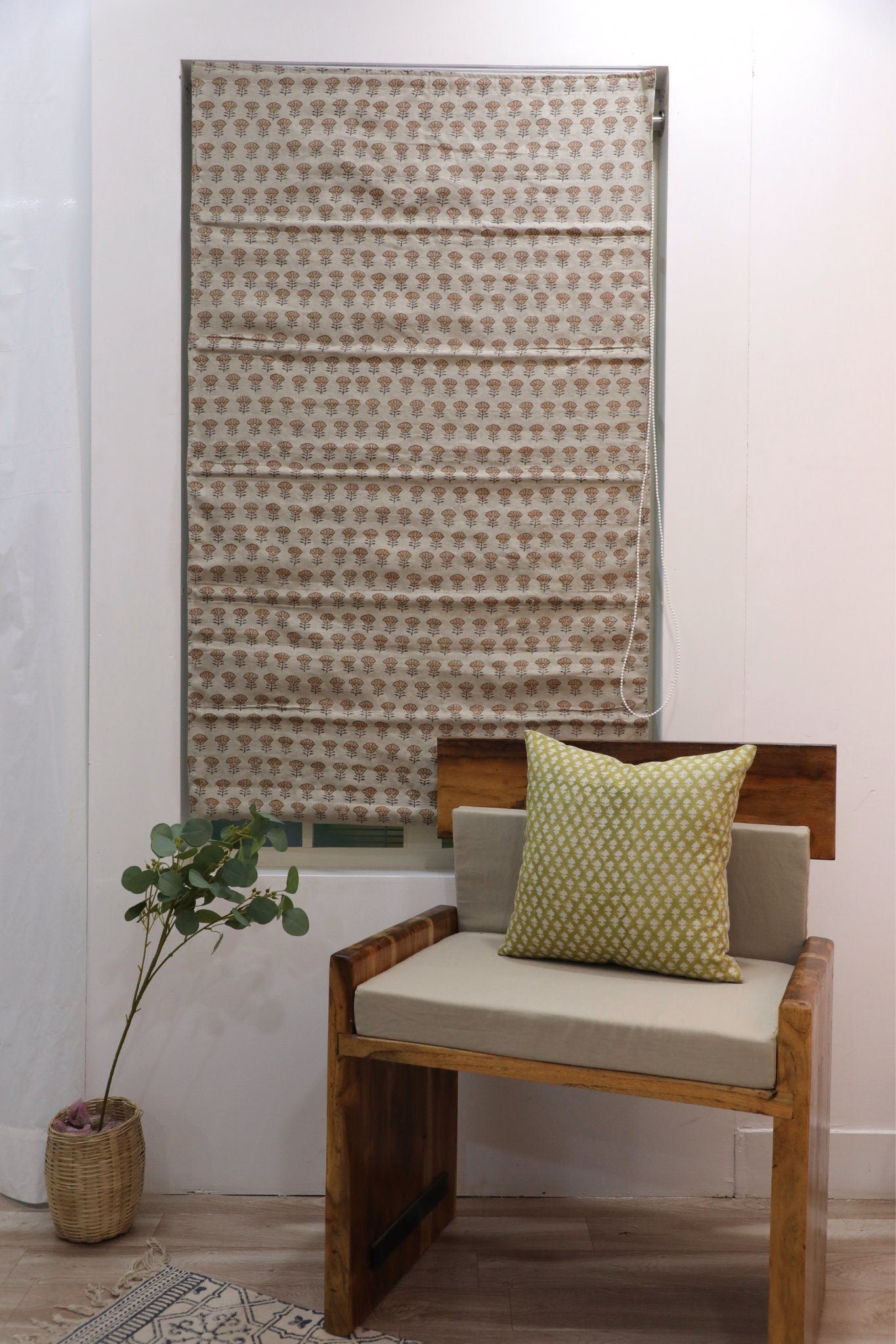 Hand Block Printed Boho Brown Floral Roman Shade in Pure Linen for Rustic & Modern Living Spaces - KOHINOOR