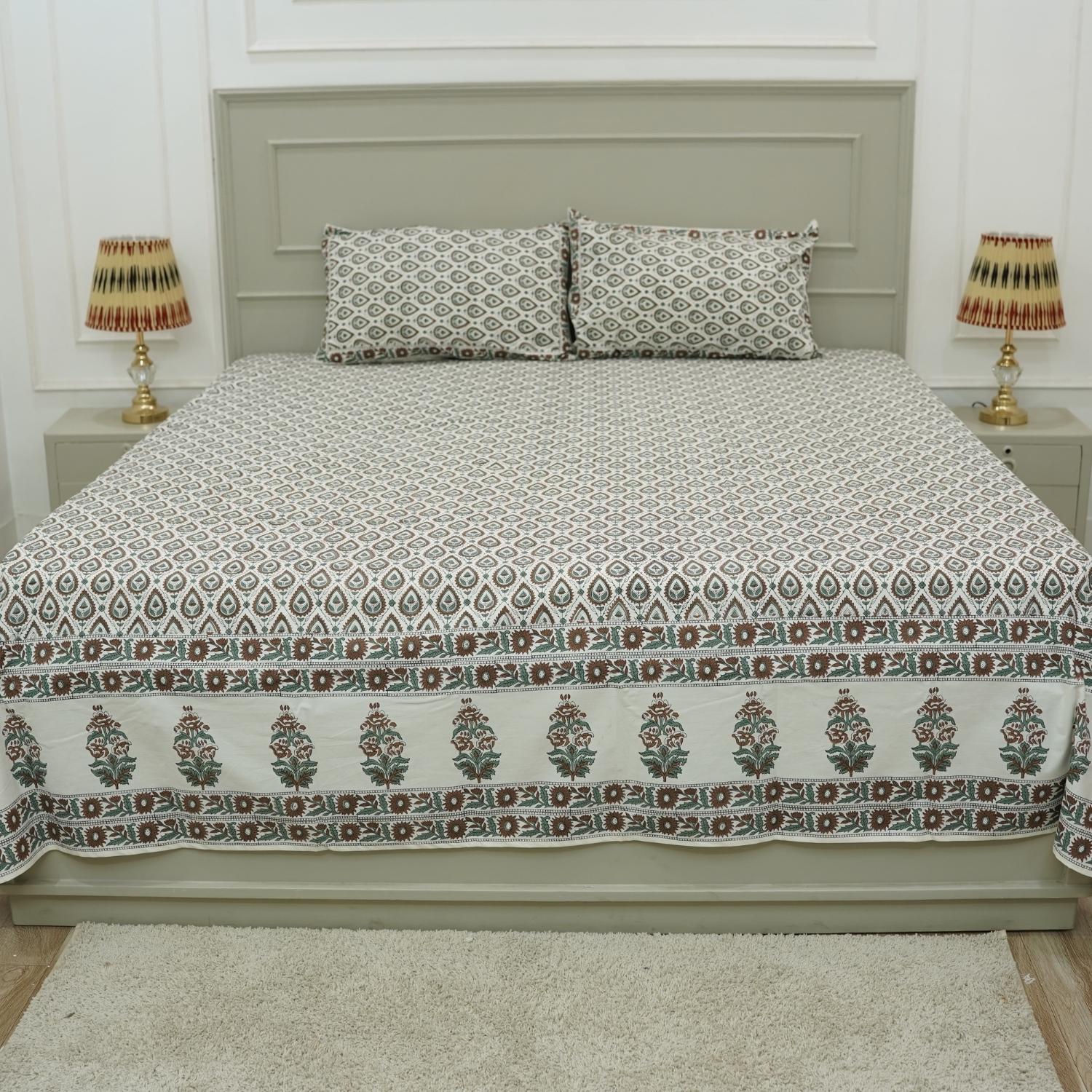 Floral block print 100% cotton bedsheet, natural bedding, decorative cotton bedspreads, colorful printed bedsheet for bedrooms, living room.