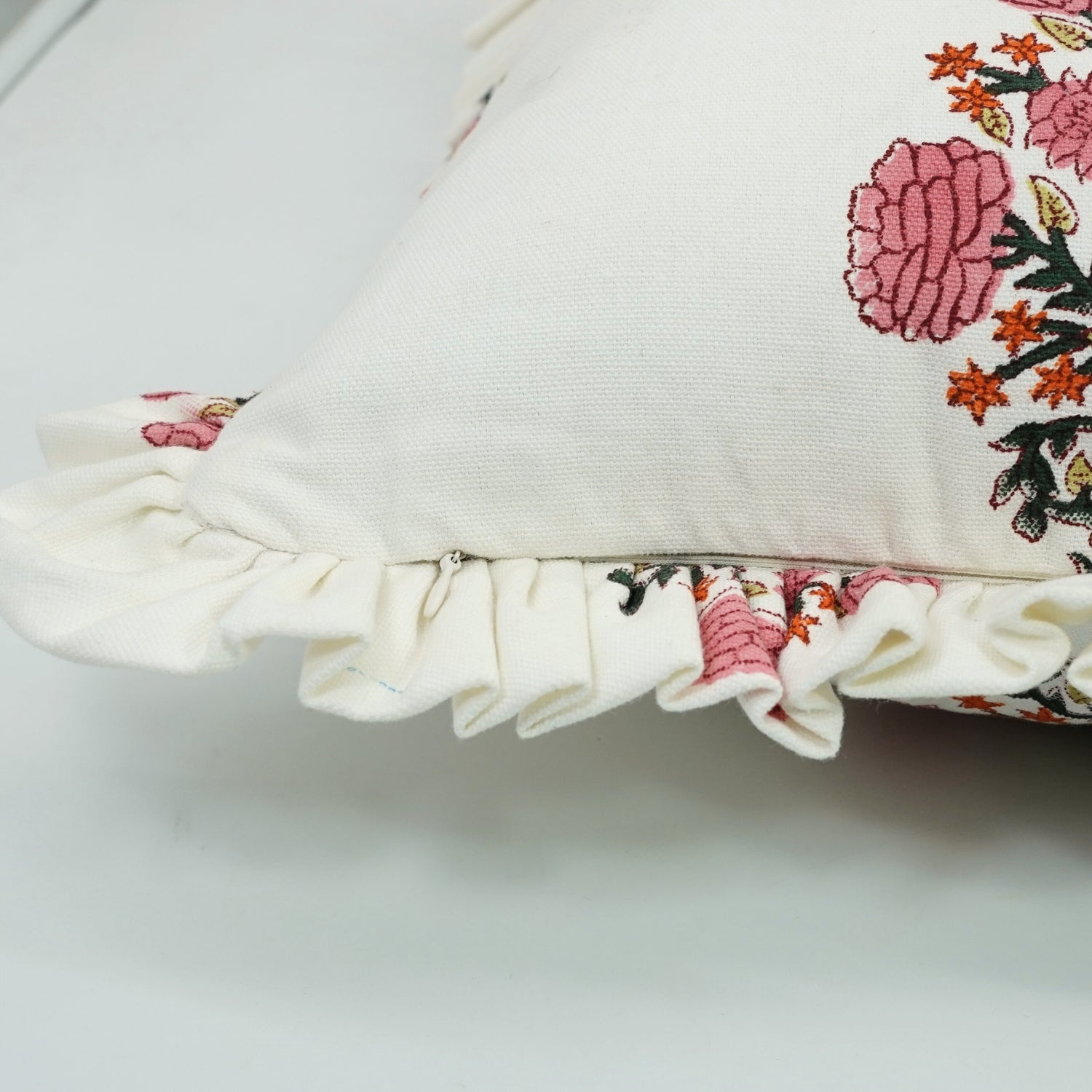 Block Printed Thick Cotton White Frill Pillow Cover - Swadesh