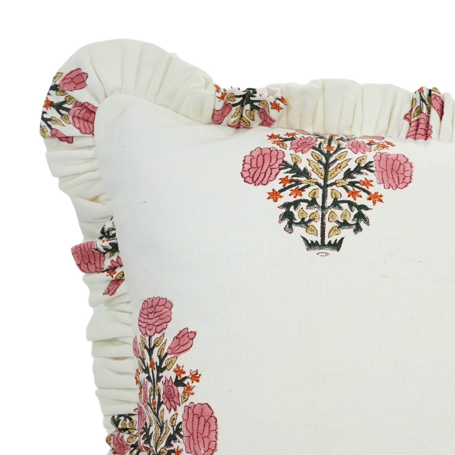 Block Printed Thick Cotton White Frill Pillow Cover - Swadesh