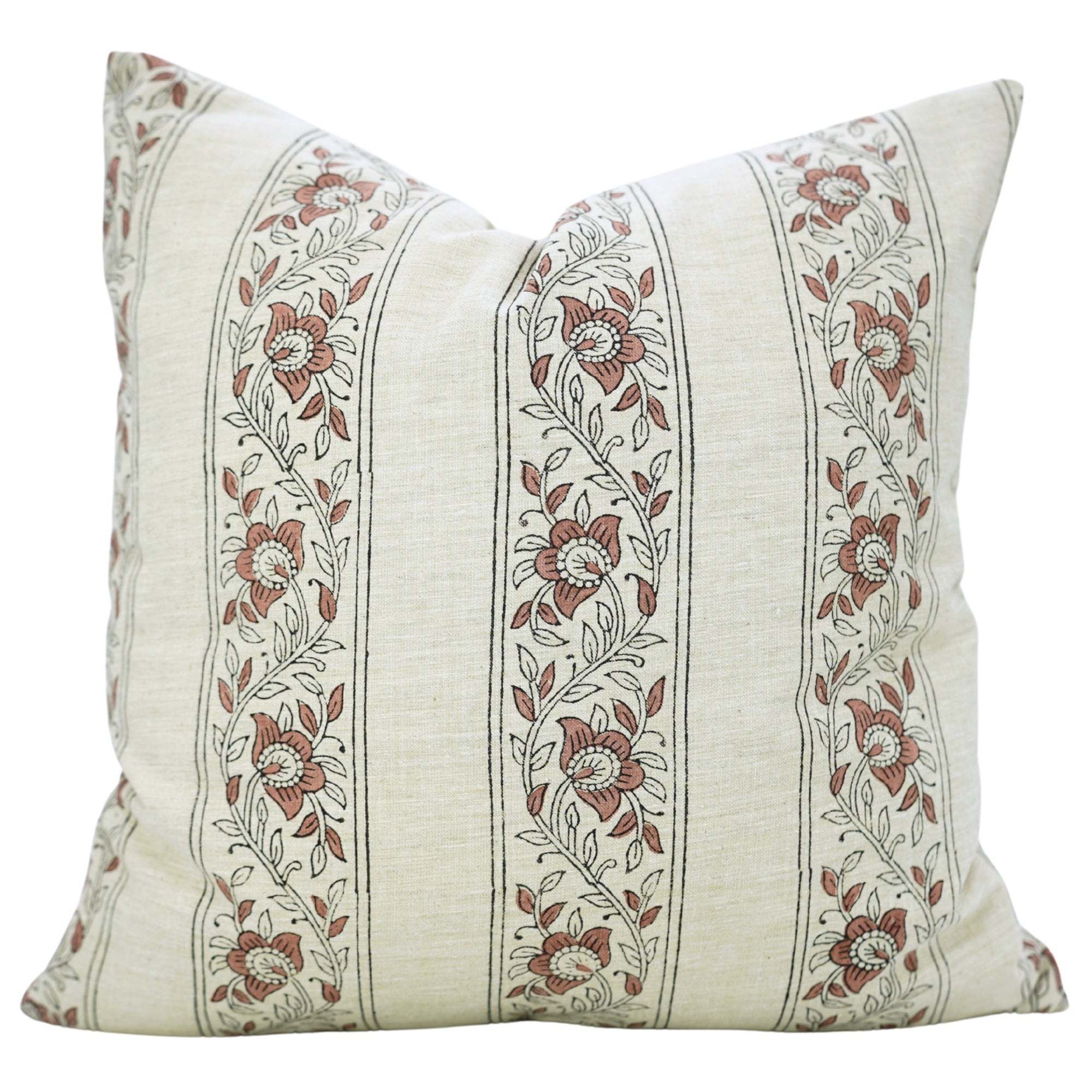 Indian Handstamped Brown and Gray Throw Pillow Case for Sofa Decor in Linen Blend – Bagh Butta Border