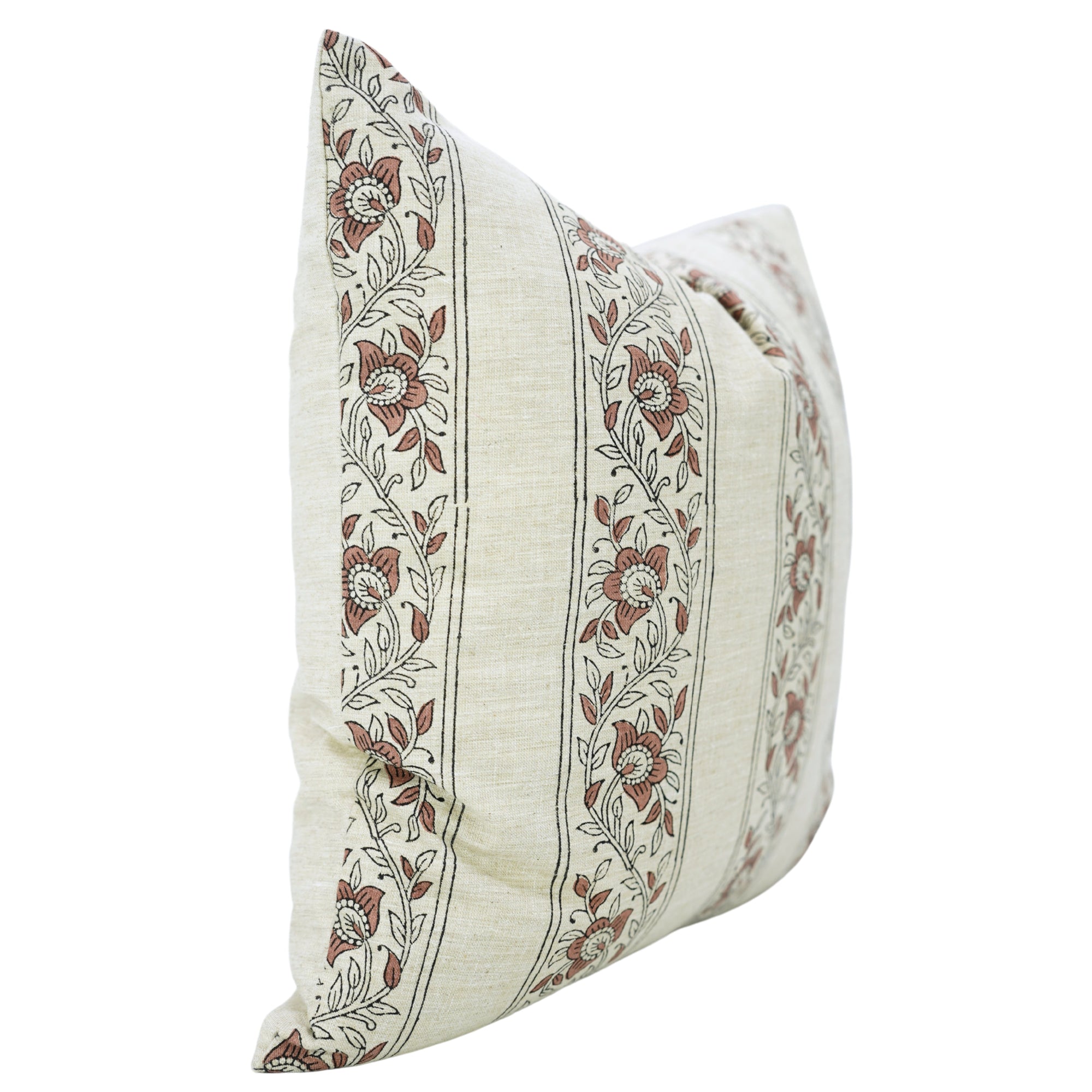 Indian Handstamped Brown and Gray Throw Pillow Case for Sofa Decor in Linen Blend – Bagh Butta Border