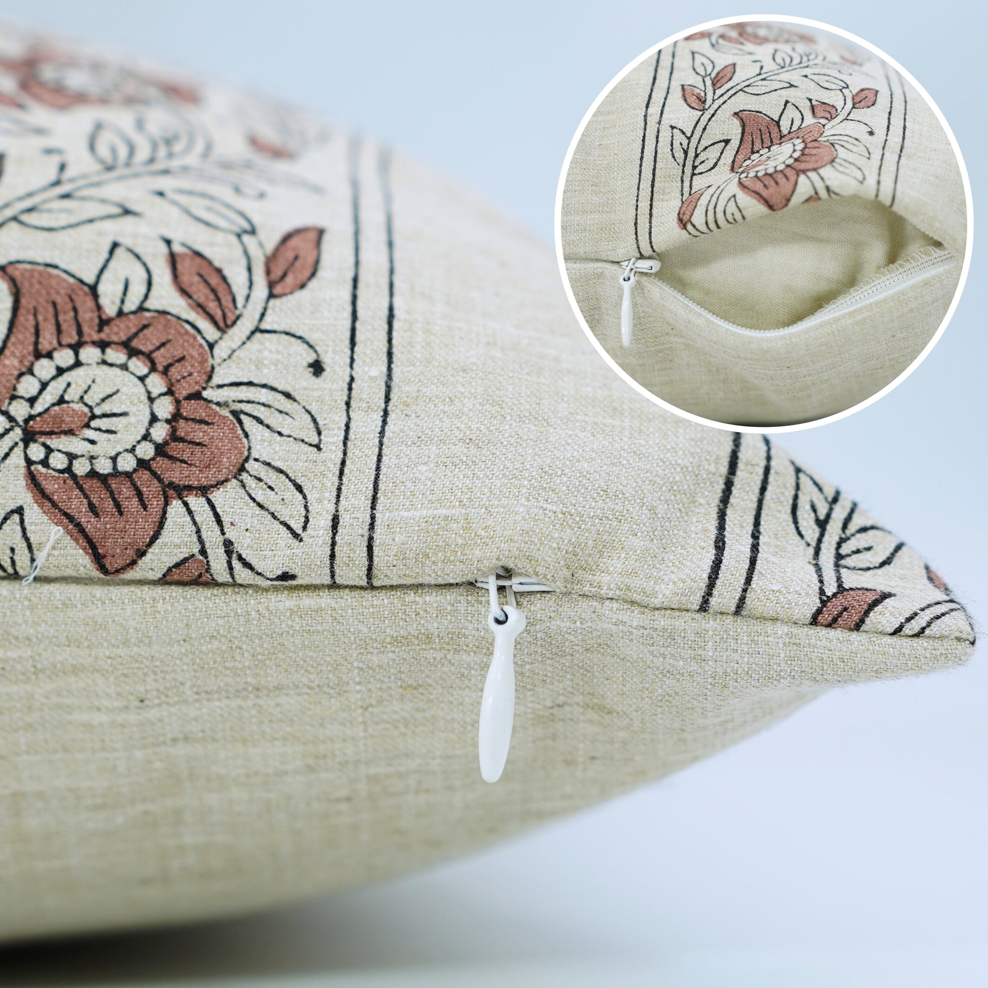 Indian Handstamped Brown and Gray Throw Pillow Case for Sofa Decor in Linen Blend – Bagh Butta Border