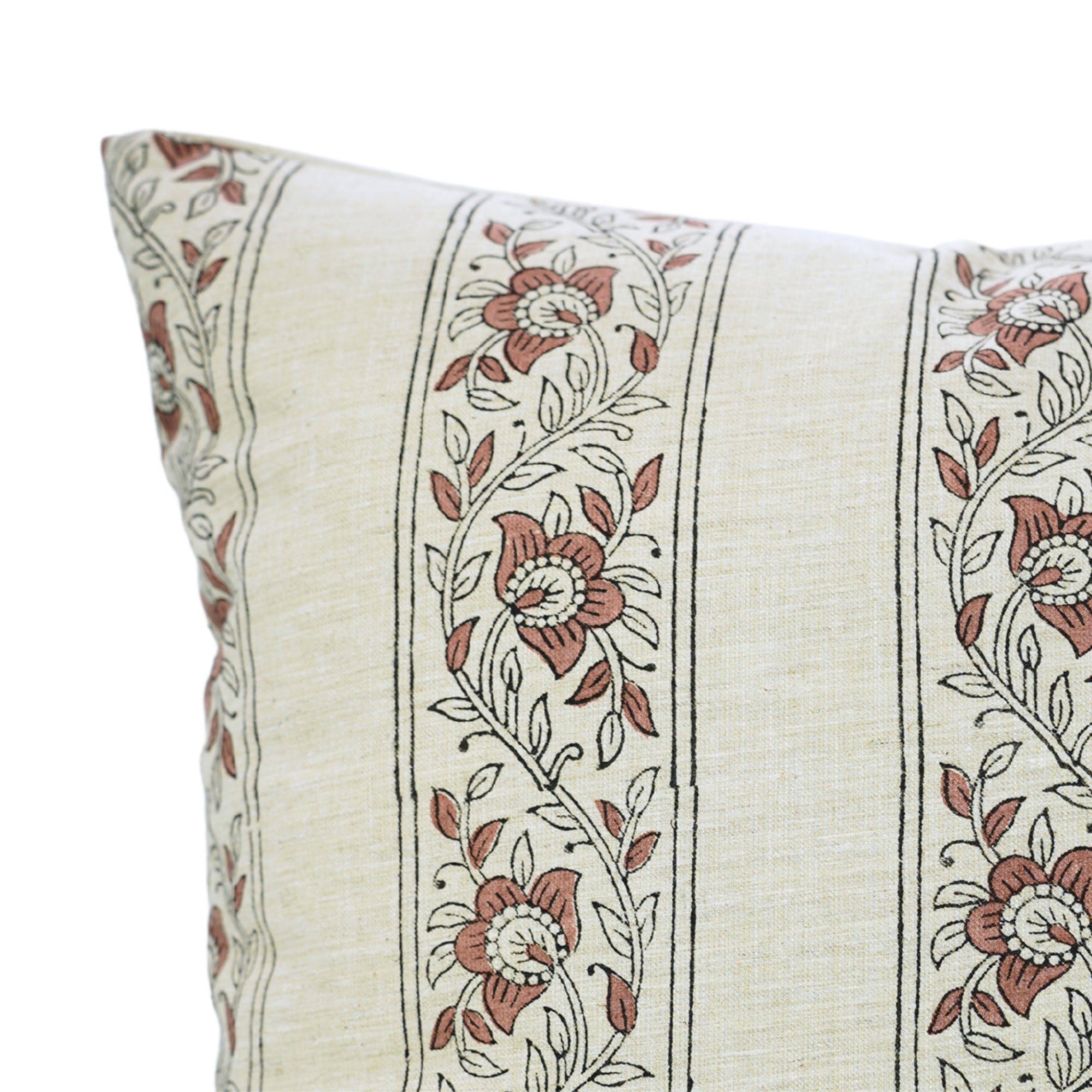 Indian Handstamped Brown and Gray Throw Pillow Case for Sofa Decor in Linen Blend – Bagh Butta Border