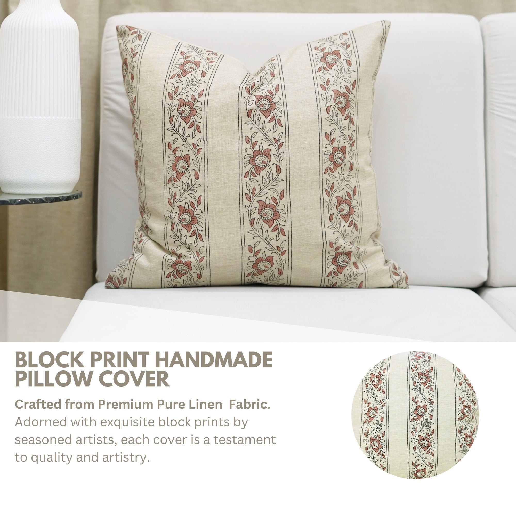 Indian Handstamped Brown and Gray Throw Pillow Case for Sofa Decor in Linen Blend – Bagh Butta Border