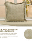 Handmade Boho Gray Floral Lumber Block Printed Pure Linen Frill Pillow Cover - Choco Chips