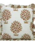 Block Printed Home Decor Red and Green Floral Throw Thick Cotton White Frill Pillow Cover - Anar