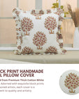 Block Printed Home Decor Red and Green Floral Throw Thick Cotton White Frill Pillow Cover - Anar