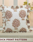Block Printed Home Decor Red and Green Floral Throw Thick Cotton White Frill Pillow Cover - Anar