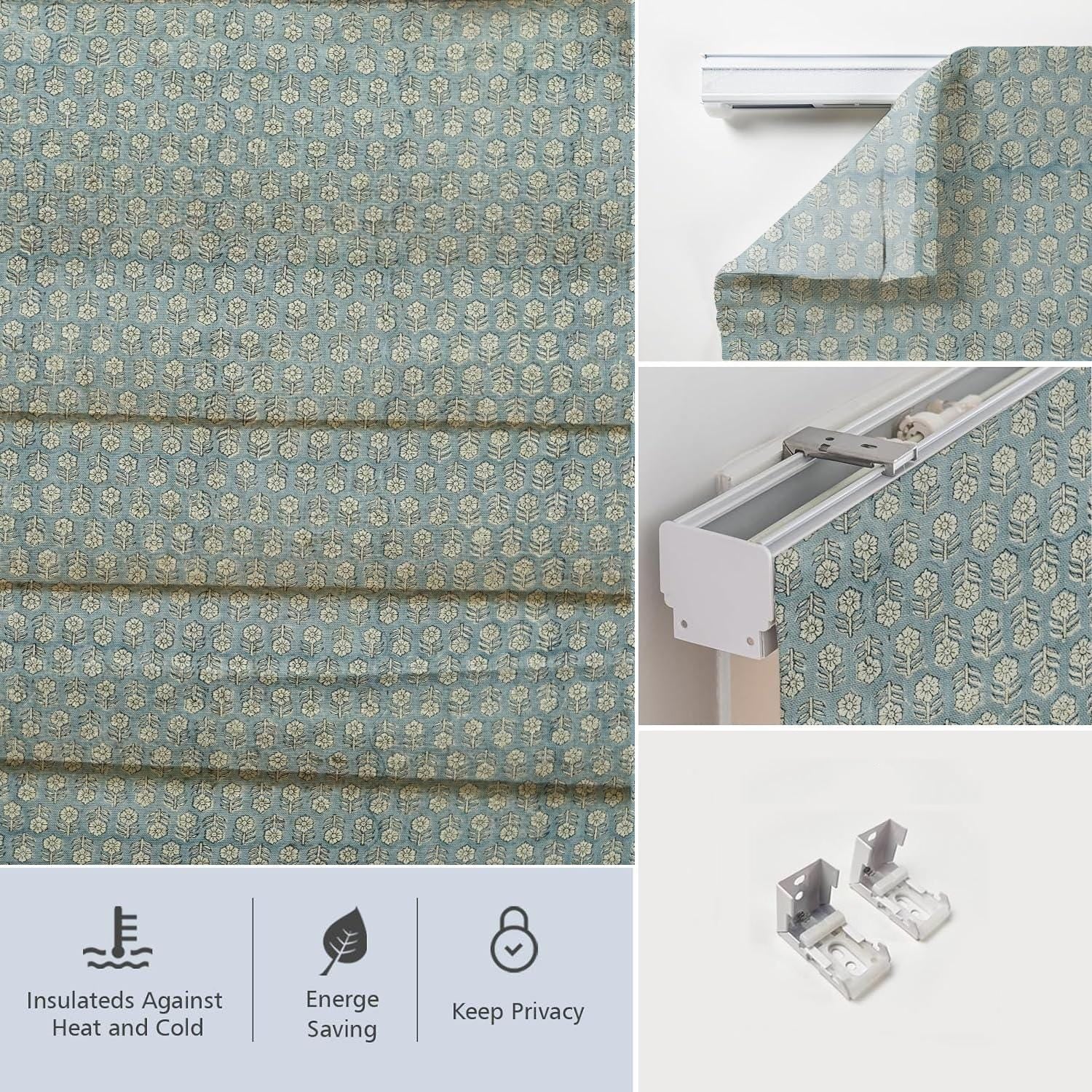 Handmade Gray Floral Block Printed Roman Shade in Thick Linen Blackout Window - Tulsi Buti