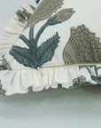 Minimalist Thick Cotton White Frill Green Grey Pillow with Artistic Block Printing - Badshah