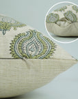 Block Printed Green & Gray Style Throw Pillow Handmade in Linen Blend for Sofa Decor - Uday