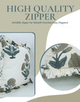 Minimalist Thick Cotton White Frill Green Grey Pillow with Artistic Block Printing - Badshah