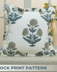 Minimalist Thick Cotton White Frill Green Grey Pillow with Artistic Block Printing - Badshah
