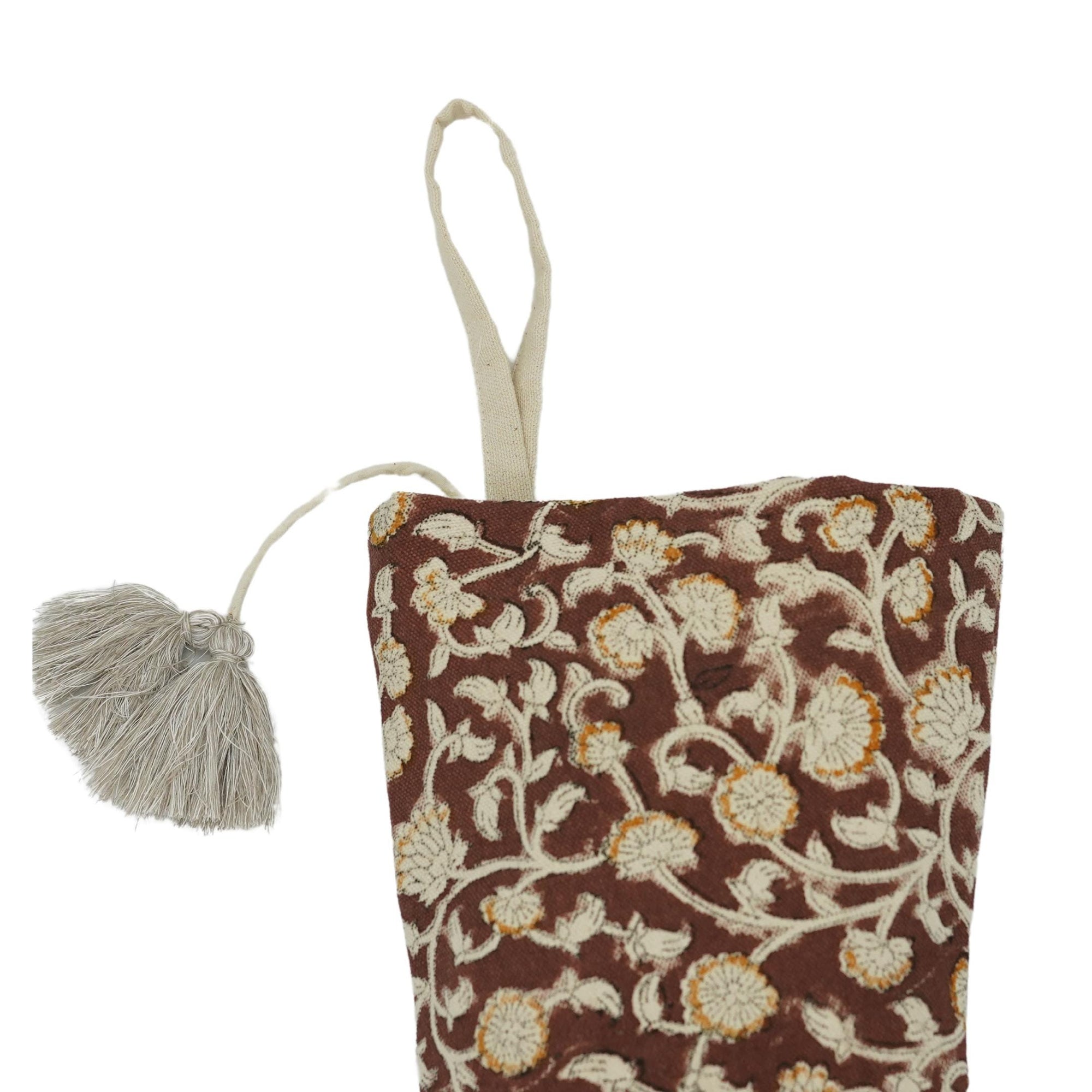 Handcrafted Block Printed Cotton Christmas Stocking in Brown Pom Pom Floral Farmhouse Holiday Decor – HIMACHAL