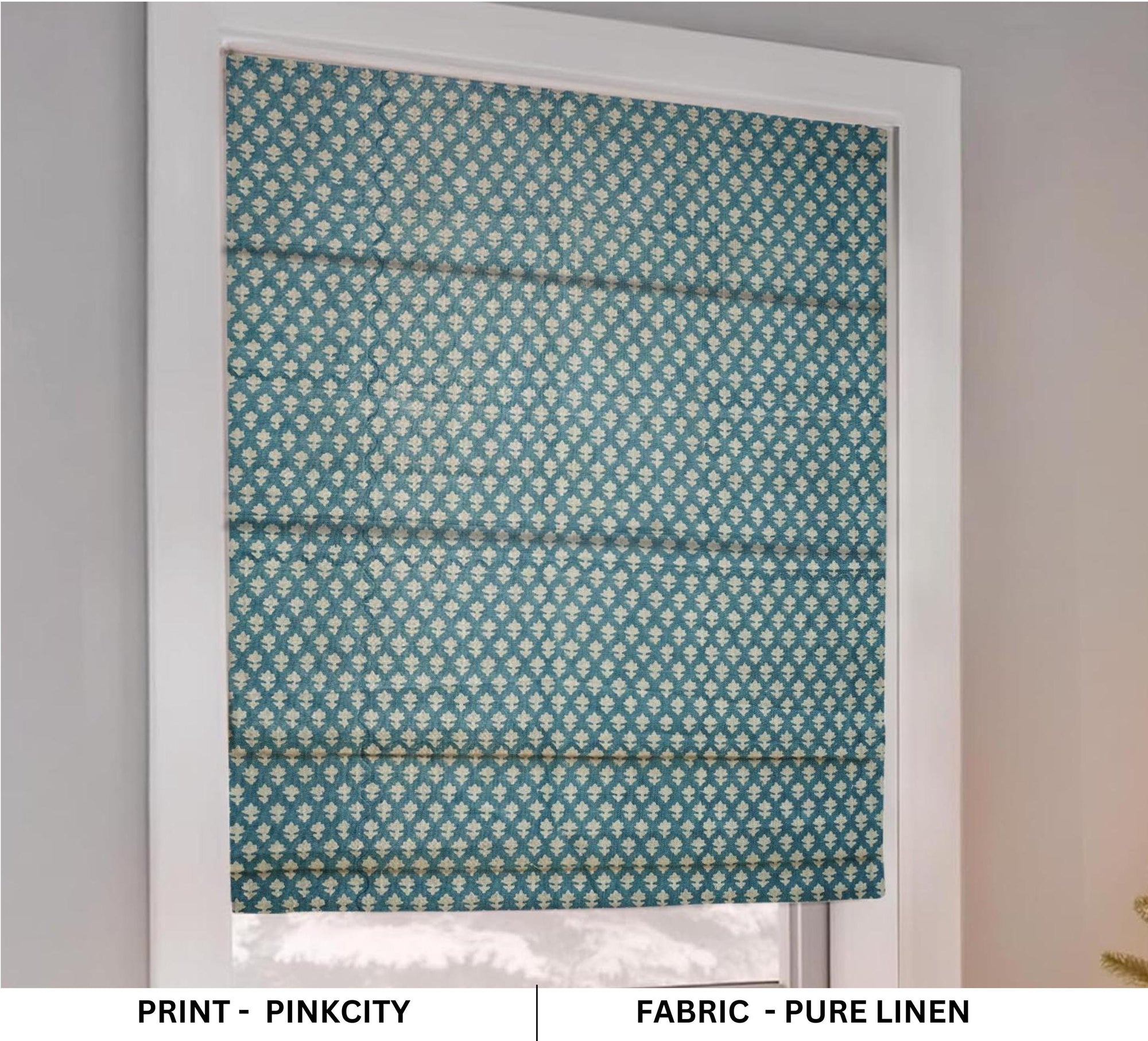 Handblock Printed Bluish Floral Pure Linen Window Covering Boho Bloom Roman Shade For Home Decor - PINKCITY