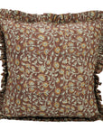 Hand Block Printed Elegant Brown and Orange Floral Pure Linen Frill Pillow Cover for Indoor Room - Himachal