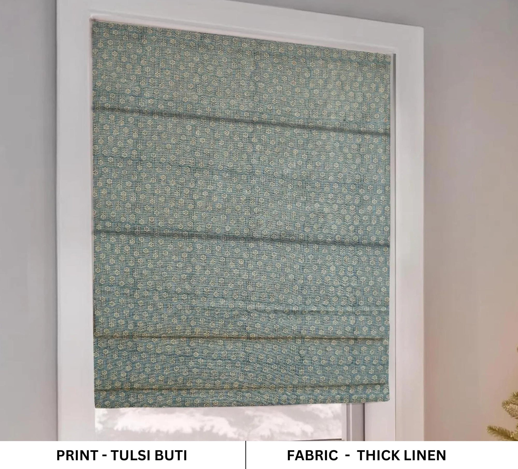 Handmade Gray Floral Block Printed Roman Shade in Thick Linen Blackout Window - Tulsi Buti
