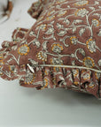 Hand Block Printed Elegant Brown and Orange Floral Pure Linen Frill Pillow Cover for Indoor Room - Himachal